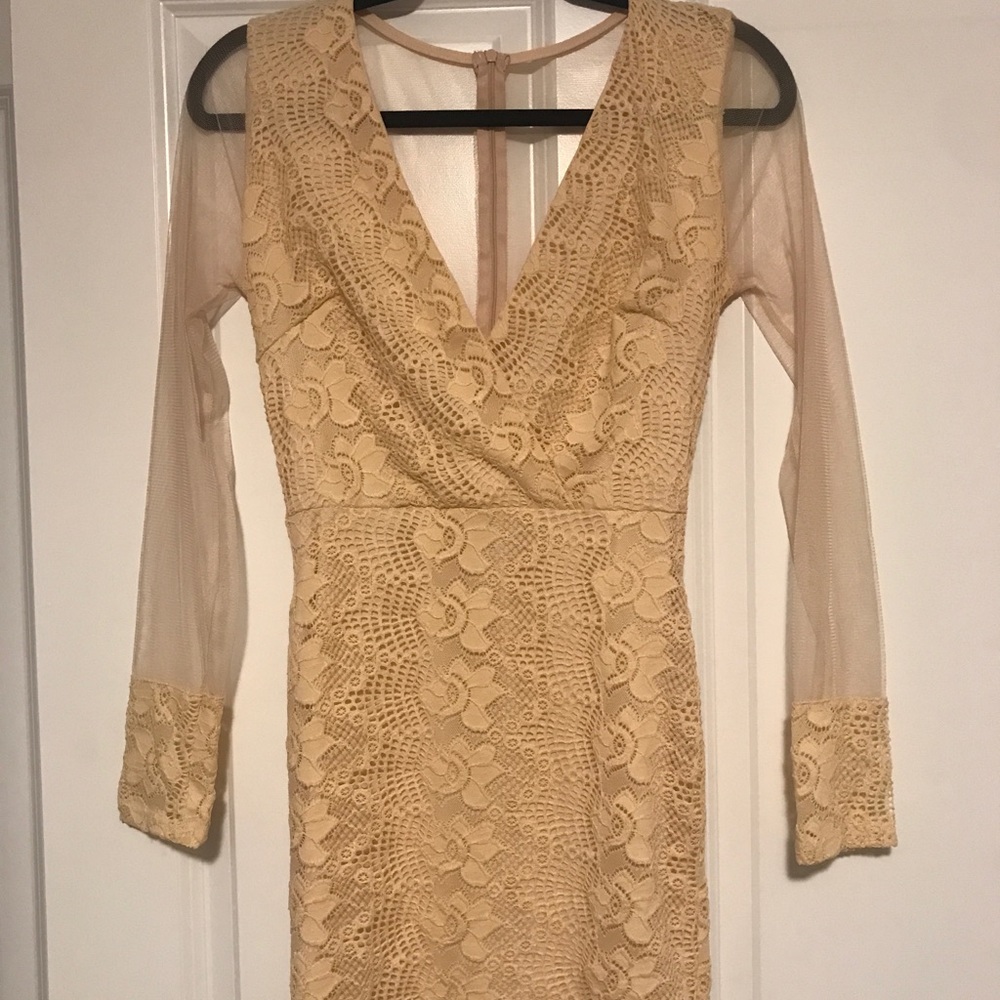 Cream Long Sleeve Lace Dress with Mesh Sleeves